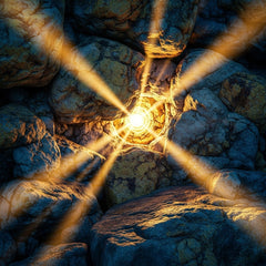 Abstract art with radiating golden light on textured stone, conveying ancient awe.