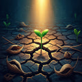 A vibrant green sprout emerges from dark, cracked earth, lit by golden sunlight, symbolizing renewal and hope.
