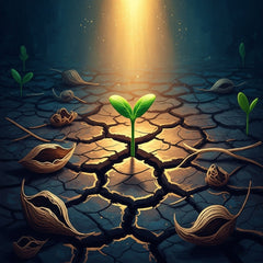 A vibrant green sprout emerges from dark, cracked earth, lit by golden sunlight, symbolizing renewal and hope.