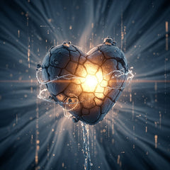 Abstract stone heart glowing softly amidst digital noise, conveying quiet contemplation.