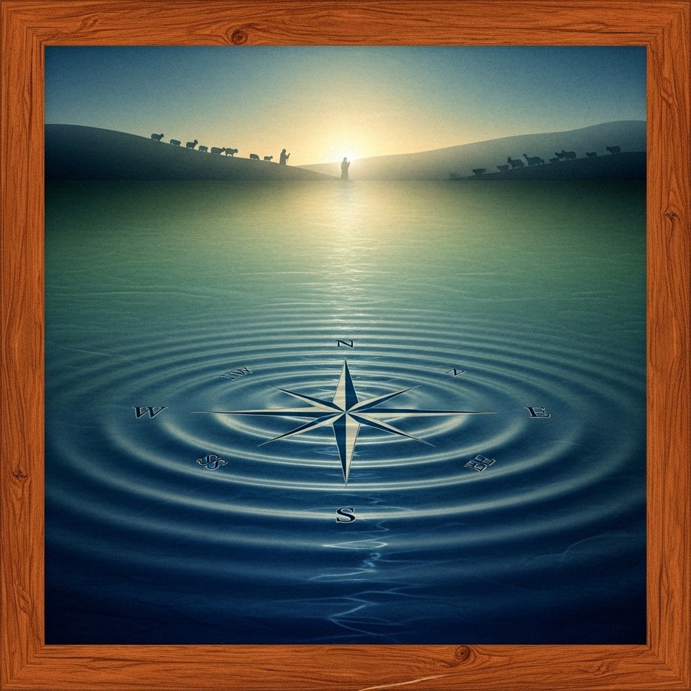 Abstract art: A compass rose on water with faint shepherds, golden light, deep blues.