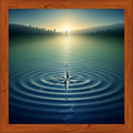 Abstract art: A compass rose on water with faint shepherds, golden light, deep blues.