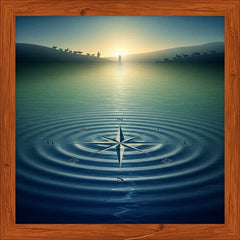 Abstract art: A compass rose on water with faint shepherds, golden light, deep blues.