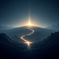 An abstract, glowing path through a misty, unseen landscape towards a bright, distant light.