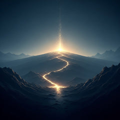 An abstract, glowing path through a misty, unseen landscape towards a bright, distant light.