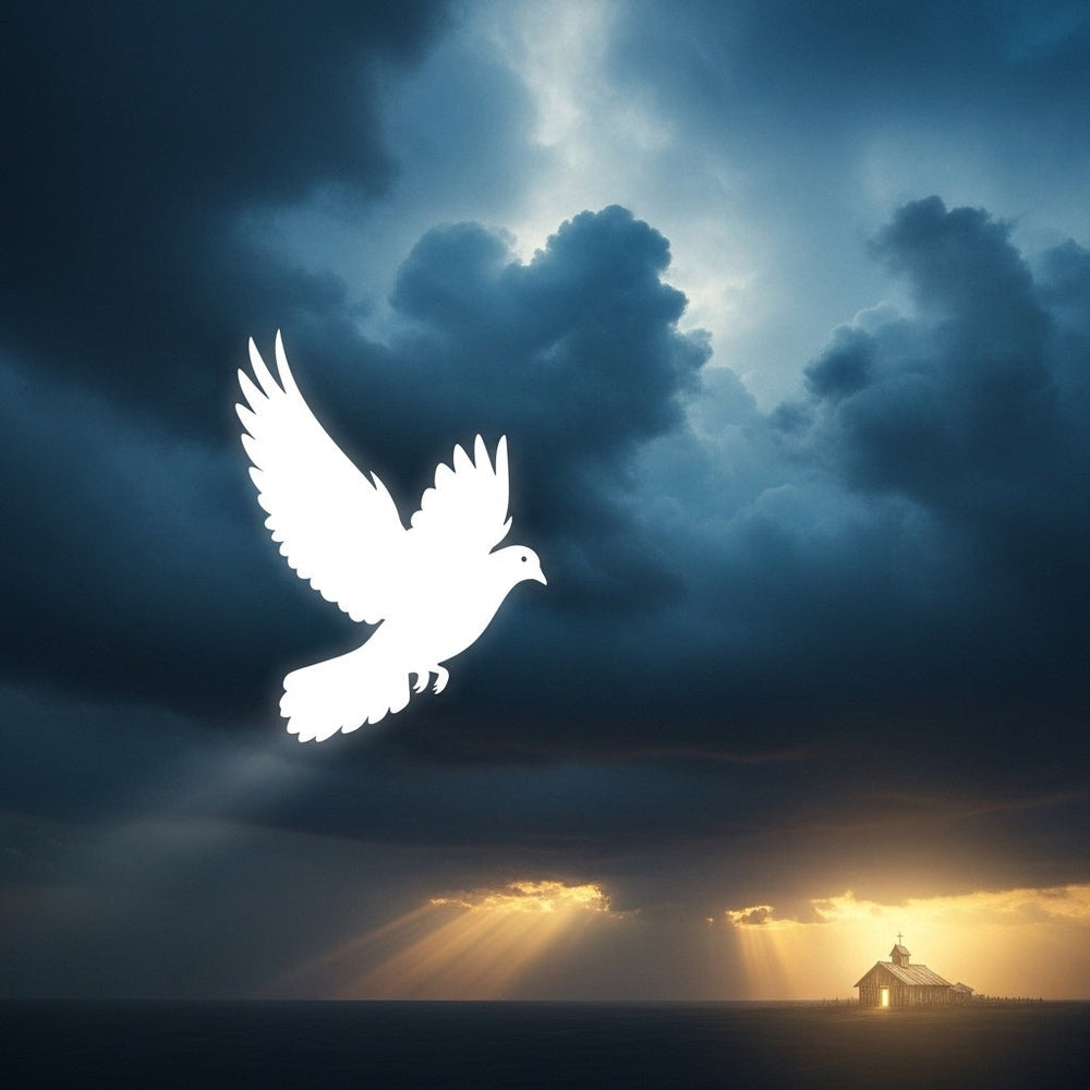 An ethereal white dove flies towards a distant, glowing wooden sanctuary under a dark sky.