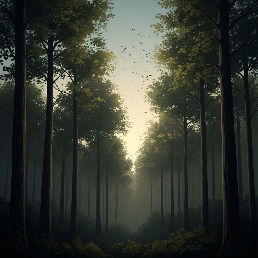 Abstract art of a forest canopy at dawn, light filtering through leaves creating a subtle, moving pattern.