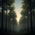 Abstract art of a forest canopy at dawn, light filtering through leaves creating a subtle, moving pattern.