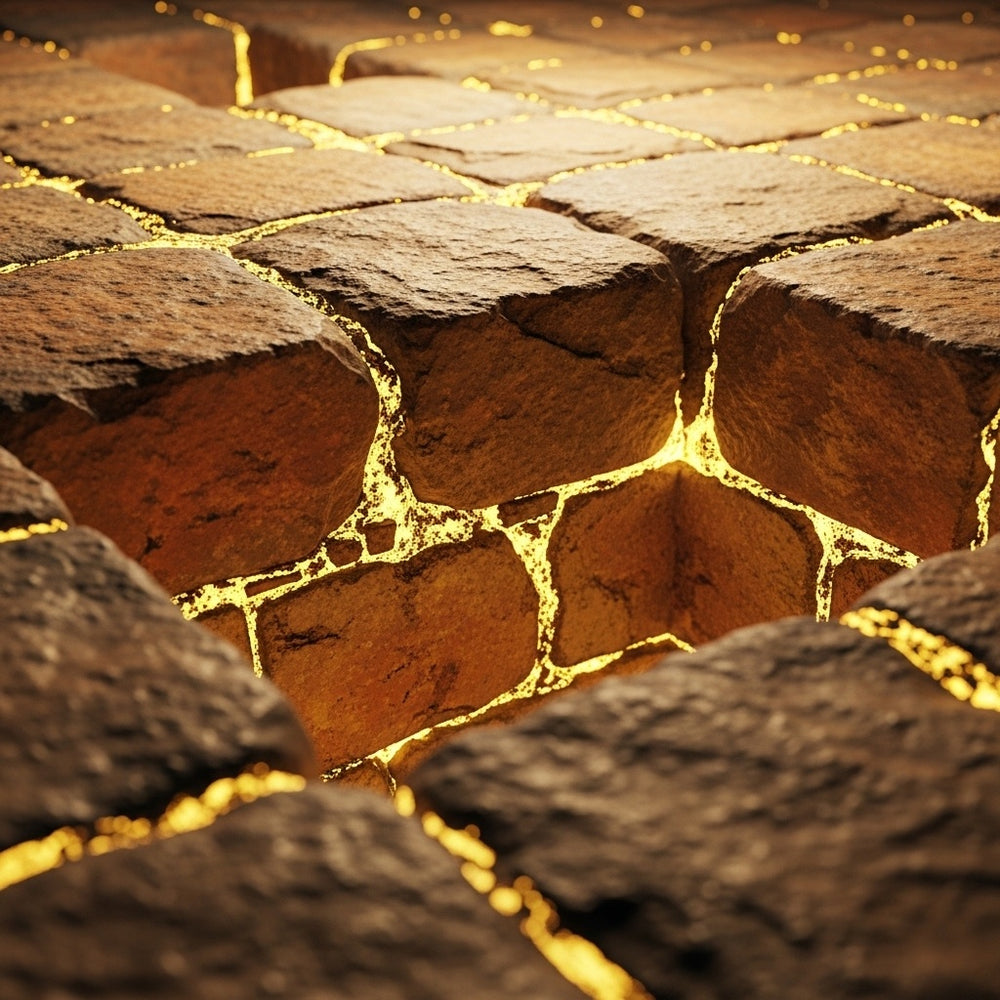 Abstract image of a deep, strong stone foundation with glowing mortar, emanating peace.