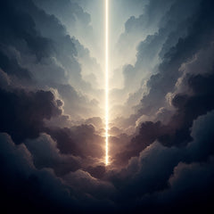 A bright, anchoring beam of light cutting through thick, swirling fog.