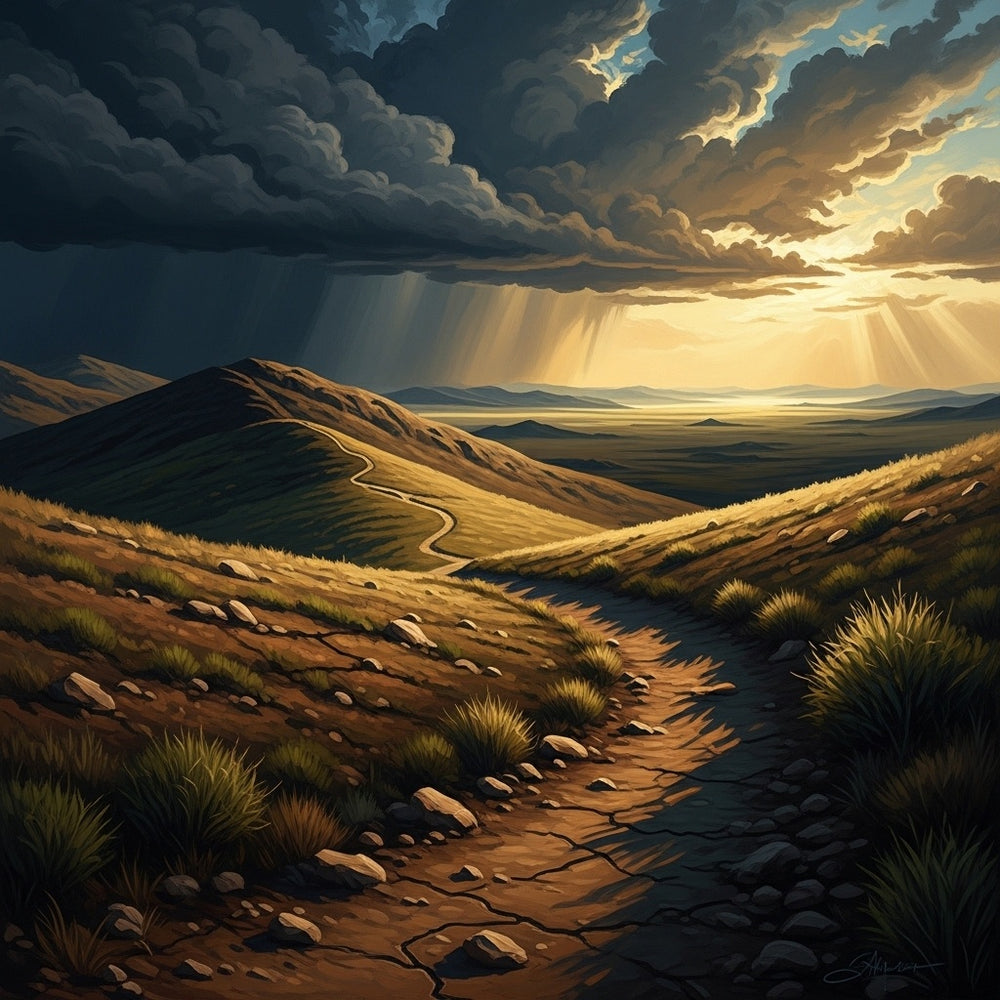 A rugged, winding path contrasting with a sunlit, clear plain, symbolizing different life choices.