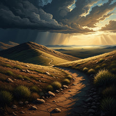 A rugged, winding path contrasting with a sunlit, clear plain, symbolizing different life choices.