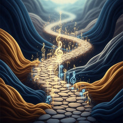 An illuminated, winding path made of smooth stone, with light notes rising, surrounded by flowing fabrics.
