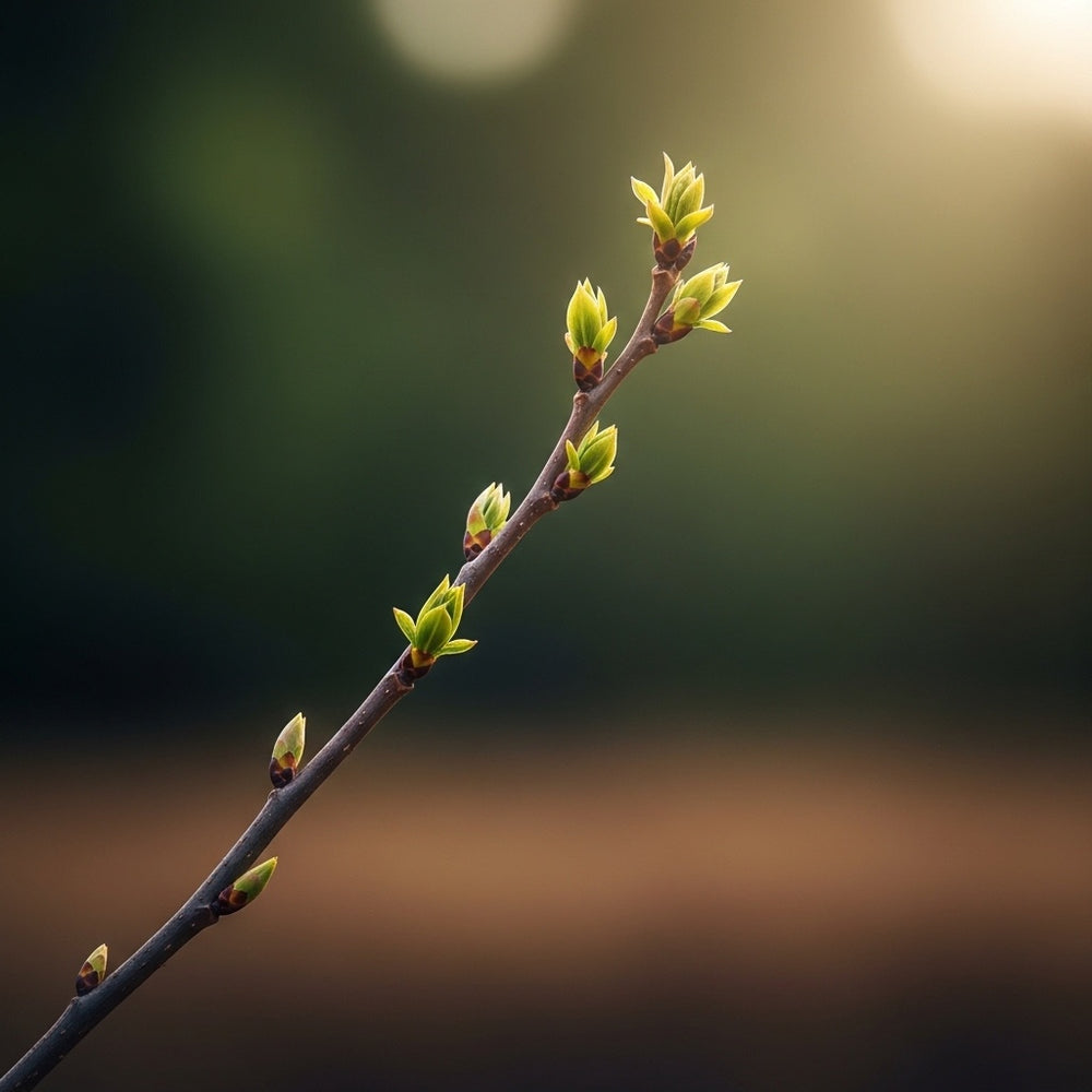 A vibrant, pruned spring branch reaching towards a soft light, symbolizing renewal and growth.