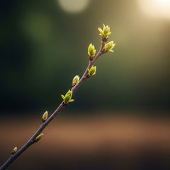 A vibrant, pruned spring branch reaching towards a soft light, symbolizing renewal and growth.
