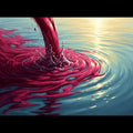 Abstract art with deep crimson liquid flowing into clear, luminous water, symbolizing sacrifice and healing.