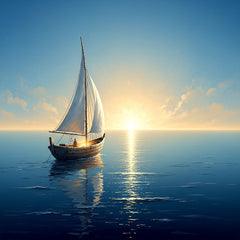 An abstract, calm ocean scene with a single sailboat moving towards a glowing horizon.