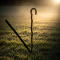 An ancient shepherd's staff stands in a sunny, misty field, symbolizing guidance and rest.