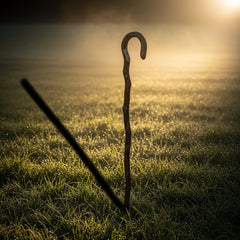 An ancient shepherd's staff stands in a sunny, misty field, symbolizing guidance and rest.
