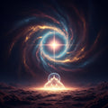 A vibrant cosmic nebula with a single bright star shining down on an abstract glowing form.