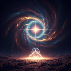 A vibrant cosmic nebula with a single bright star shining down on an abstract glowing form.