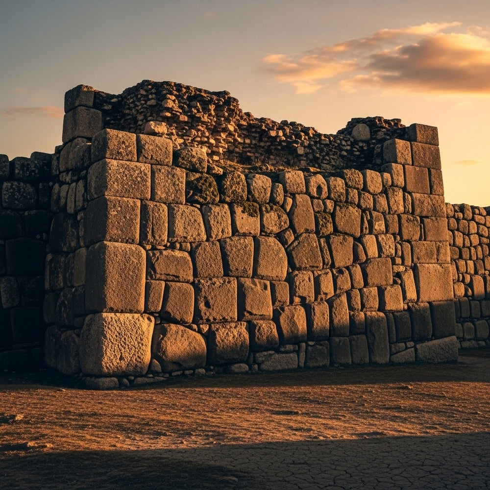 An ancient, rugged stone city wall at sunset, symbolizing enduring protection and refuge.