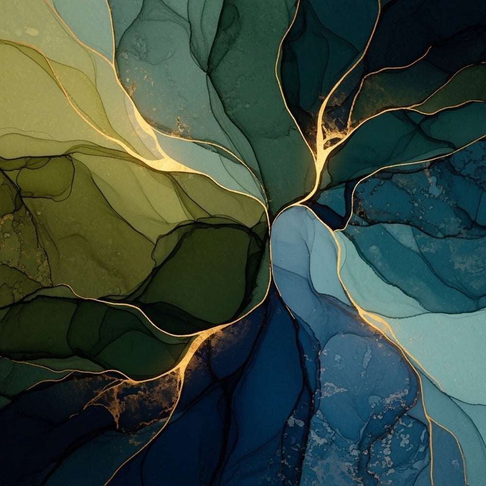 Abstract art with deep greens and blues, golden light breaking through, suggesting a silent, intimate conversation.