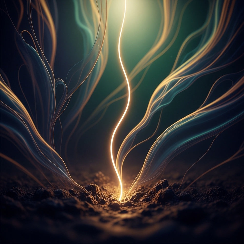 A glowing thread of light rising through dark, textured, swirling shadows.