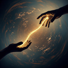 An abstract image showing a golden thread of light connecting two shadowed, cupped hands.