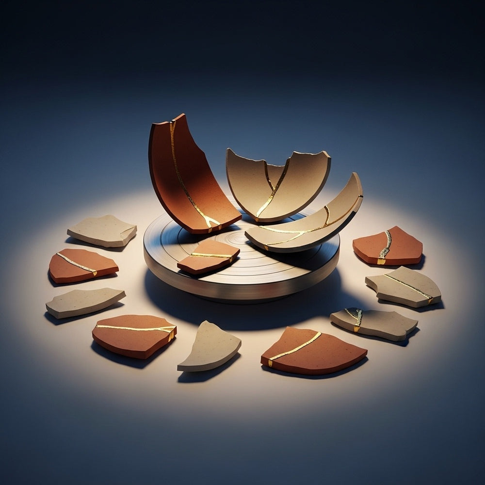 Abstract ceramic shards, some repaired with gold, resting on a pottery wheel at dawn.