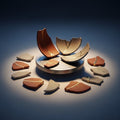 Abstract ceramic shards, some repaired with gold, resting on a pottery wheel at dawn.