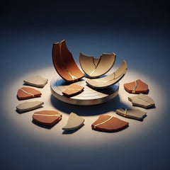 Abstract ceramic shards, some repaired with gold, resting on a pottery wheel at dawn.