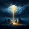 Ethereal golden light breaks through dark clouds, shining on ancient, weathered stone ruins.