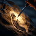 A stylized, glowing chisel sculpts a soft, radiant form from dark, textured stone.