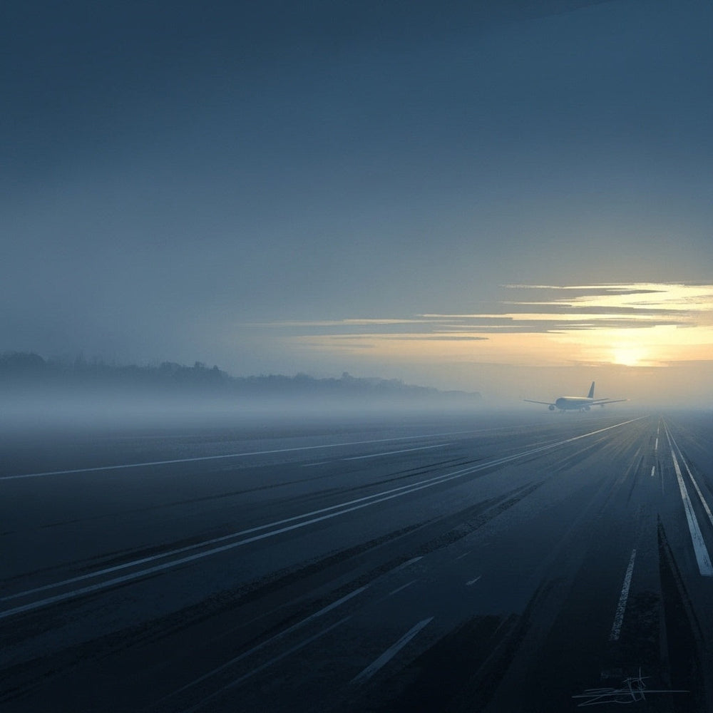 Abstract dawn scene on a vast, misty tarmac, a sense of stillness and quiet expectation.