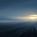 Abstract dawn scene on a vast, misty tarmac, a sense of stillness and quiet expectation.