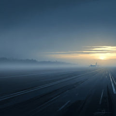 Abstract dawn scene on a vast, misty tarmac, a sense of stillness and quiet expectation.