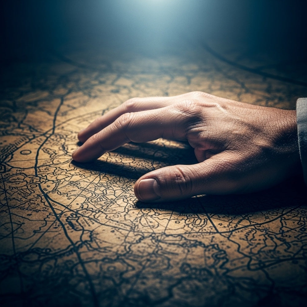 An abstract image of a hand resting on a map, symbolizing seeking guidance.