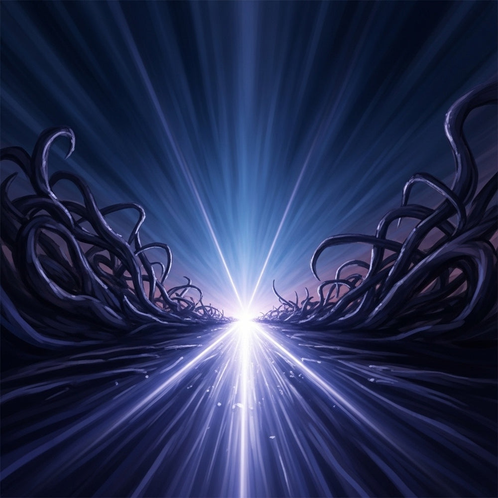 An abstract, cinematic image showing a clear, lit path through a dark, turbulent landscape.