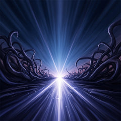 An abstract, cinematic image showing a clear, lit path through a dark, turbulent landscape.