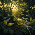 An abstract painting of an overgrown garden with pruning shears and golden light.