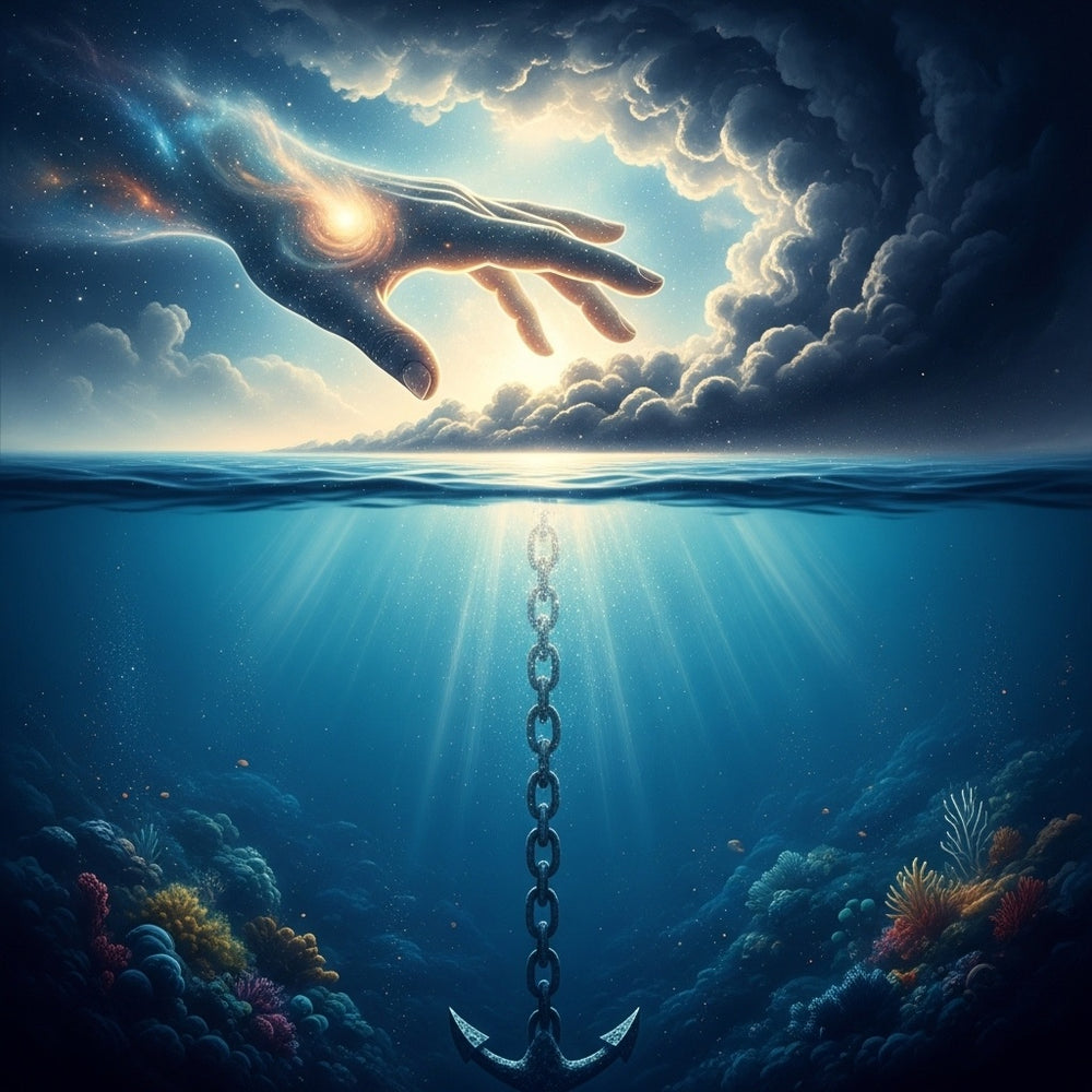 An abstract image showing a hand clearing a dark cloud from above a calm, deep ocean.