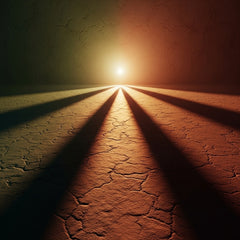 A warm, abstract light source casting soft shadows across textured, earthy surfaces.
