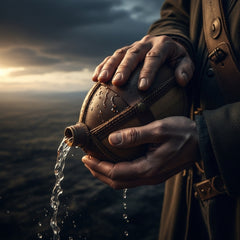 Worn hands holding an overflowing canteen, symbolizing solace and comfort amidst hardship.