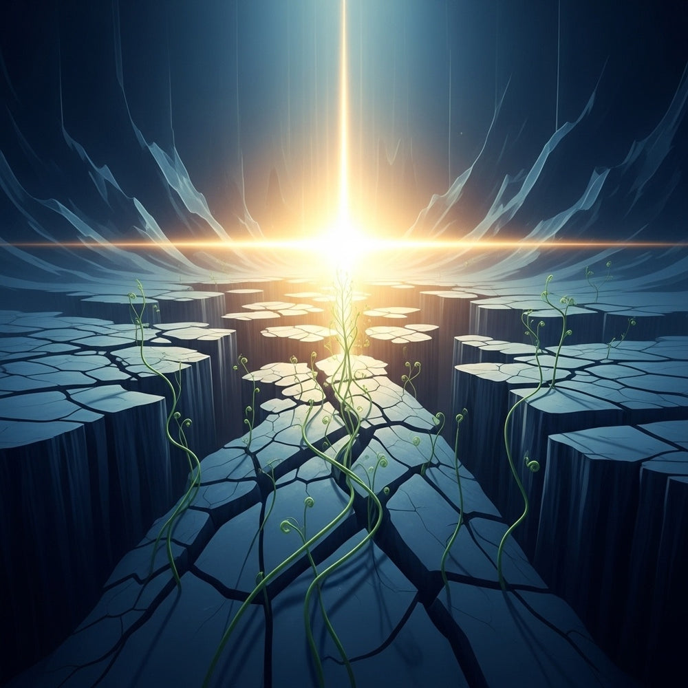 Abstract art: Golden light amidst fractured landscape, soft green growth.