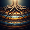 Ancient root system extending deep into layered earth, illuminated by soft golden light.