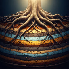 Ancient root system extending deep into layered earth, illuminated by soft golden light.