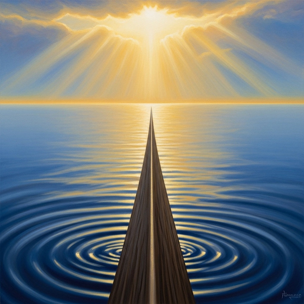 A ship's `keel` cutting through calm water towards a bright `horizon`, symbolizing freedom and grounding.