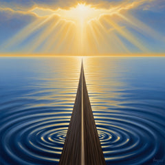 A ship's `keel` cutting through calm water towards a bright `horizon`, symbolizing freedom and grounding.