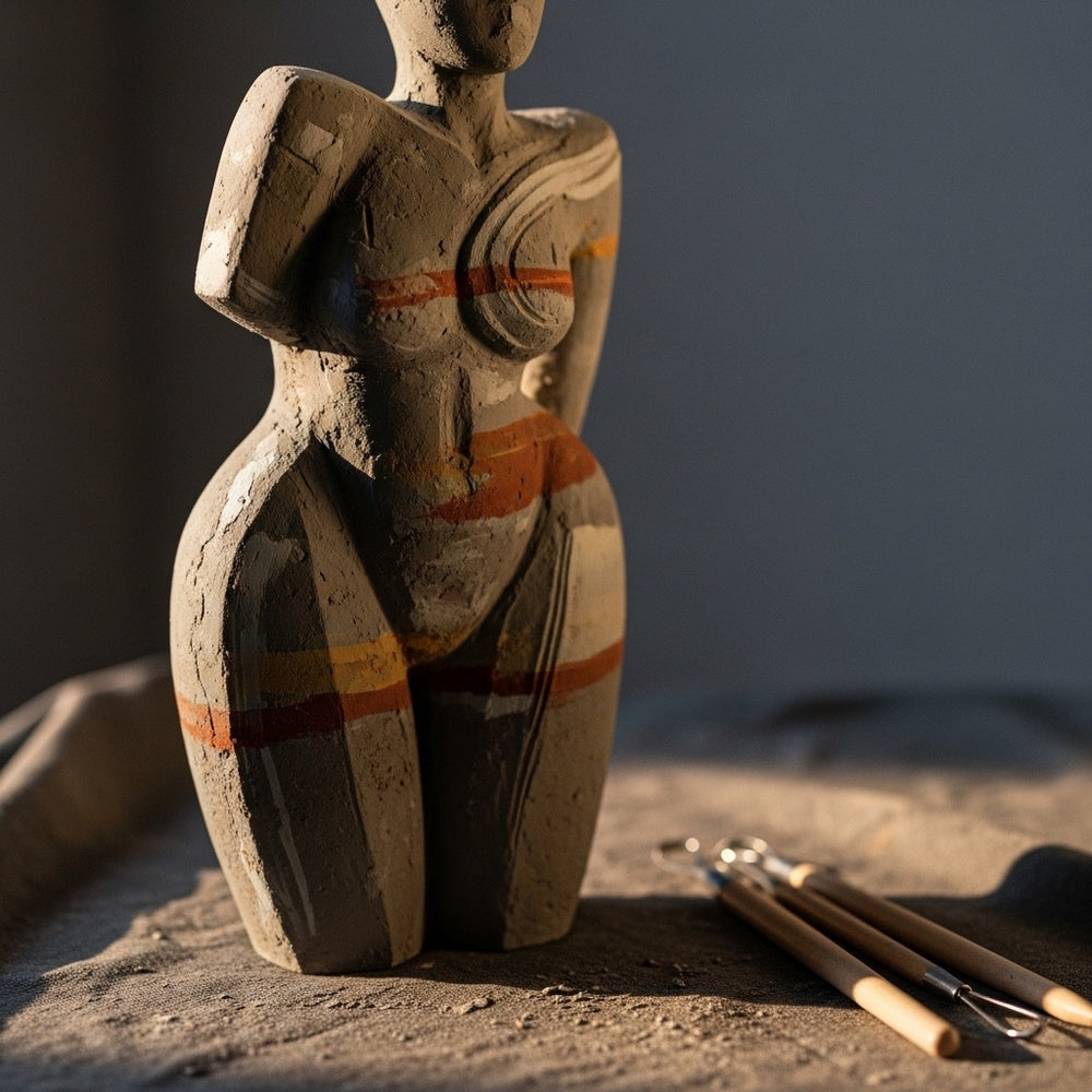 An abstract, unfinished sculpture in textured clay, softly lit, with sculpting tools nearby.
